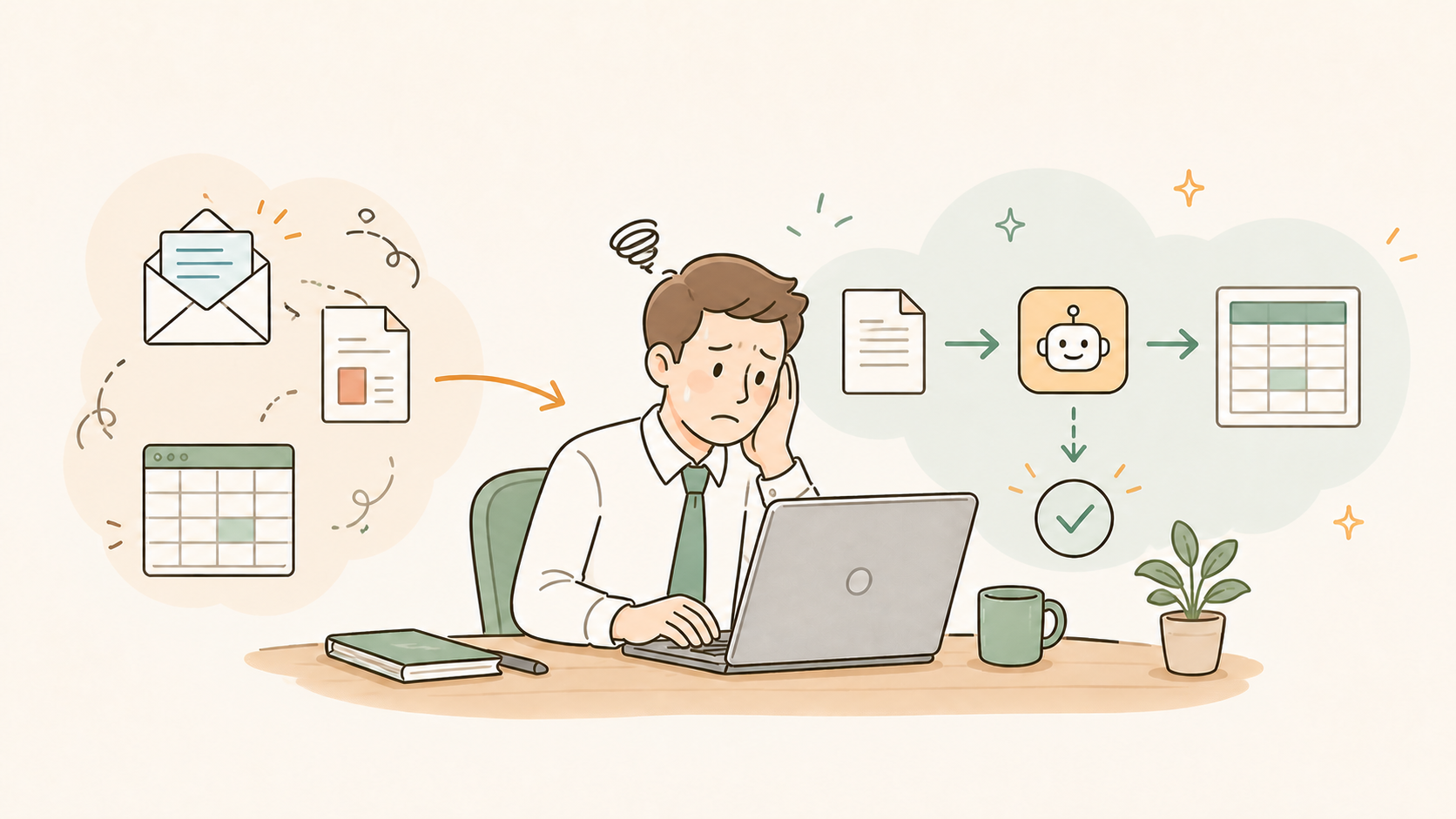 メールや書類を自動処理でExcelにつなげるイメージ